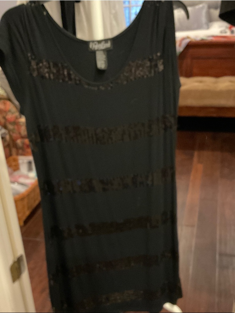 Black sequined cap sleeve dress backside no sequins